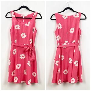 Lauren Conrad 8 Womens Coral Flower Print Sleeveless Tie Waist A-line Dress